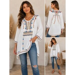 Biya Tunic Dress Embroidered White Boho V-Neck High Low Large